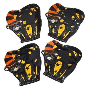 Susan Winget CERTIFIED INTERNATIONAL Halloween Black Cat Witch Hat Plates Set 4‎